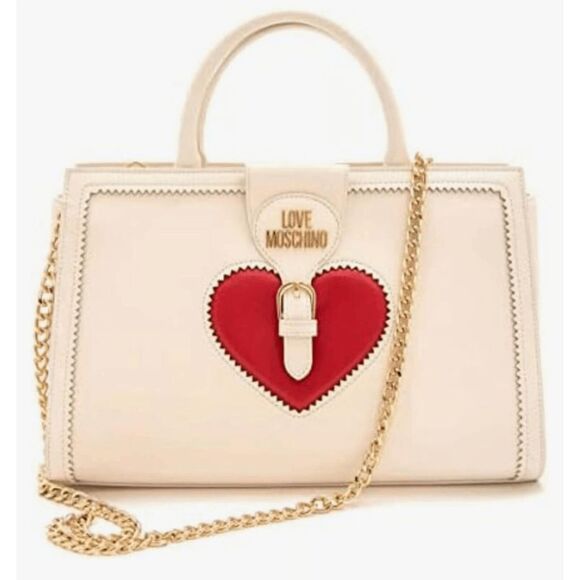 NWT LOVE MOSCHINO Red Heart Beige Satchel Shoulder Handbag MSRP $455 - Picture 14 of 15